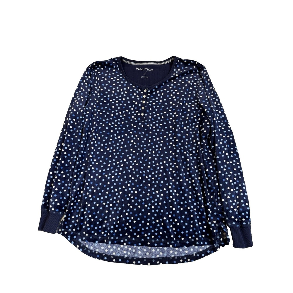 Nautica Women's L Blue Polka Dot Velvet Pajama Top Cozy Soft Cabincore Essential